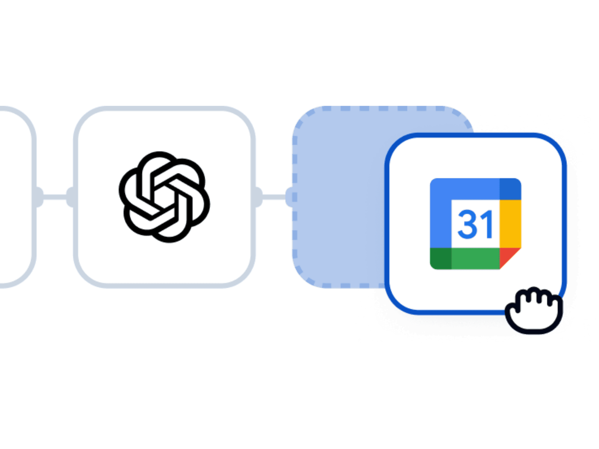 Dragging a Google Calendar node into a workflow next to an OpenAI node.