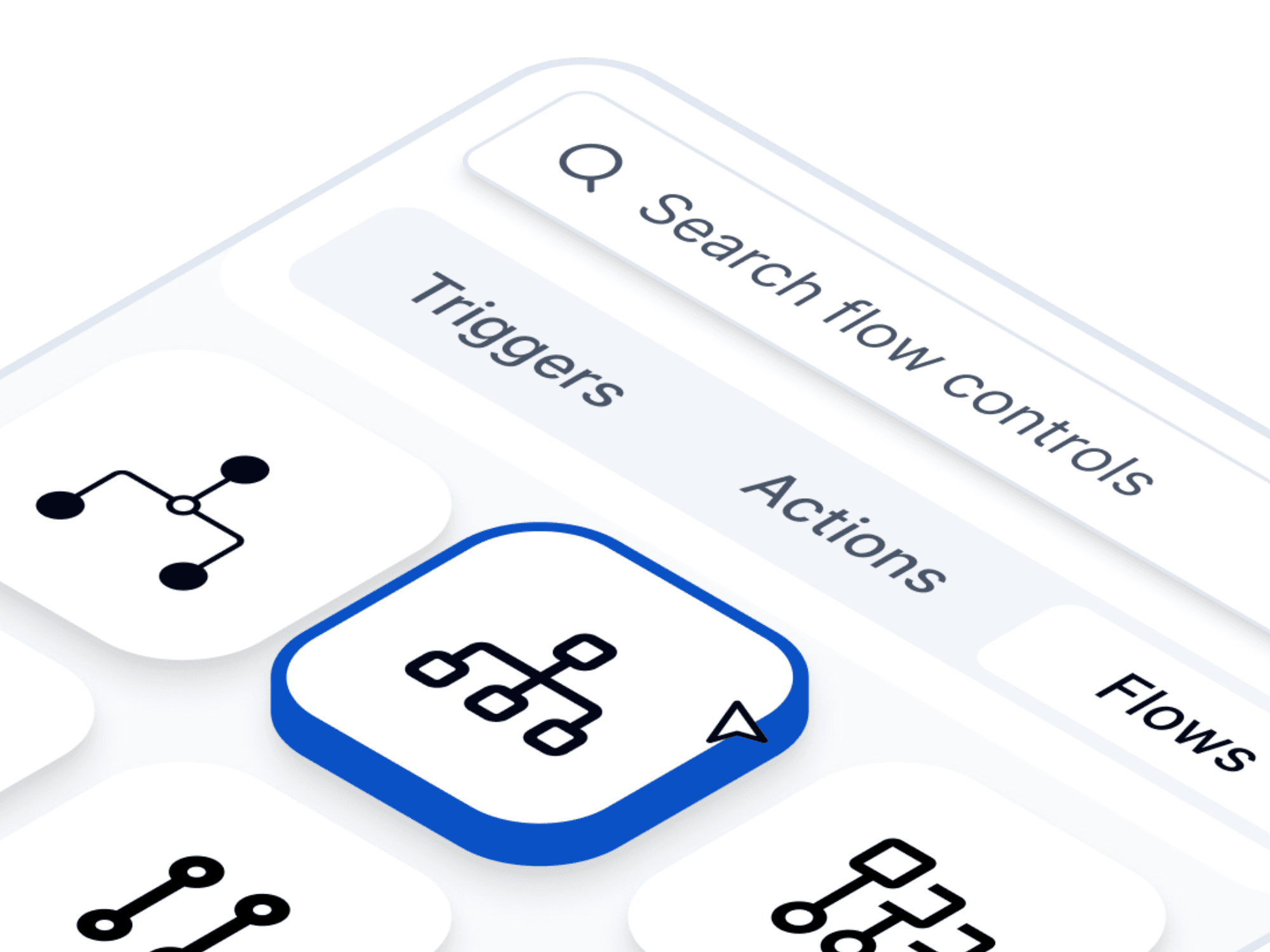 Component menu with Triggers, Actions and Flows tabs, searching for flow controls.